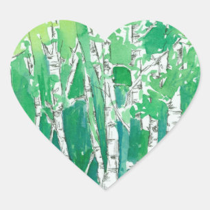 Grönt Heart Aspen Träd Pen och Bläck Art Hjärtformat Klistermärke