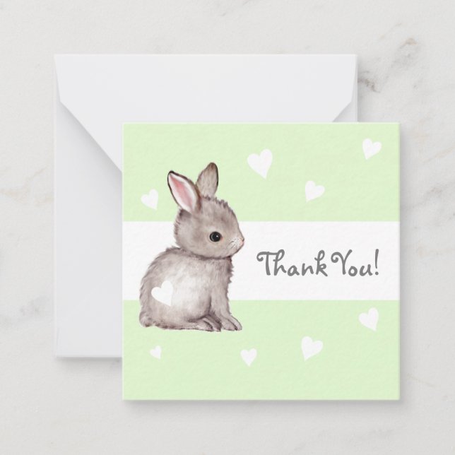 Grönt Heart Bunny Baby Shower-Tack Anteckningskort (Framsida)