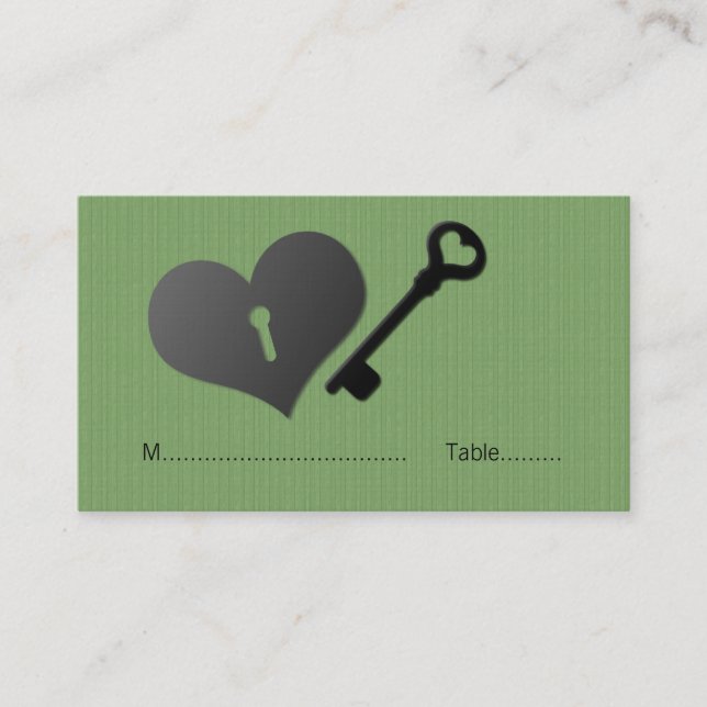 Grönt Heart Lock och Nyckel Place Card Placeringskort (Framsida)