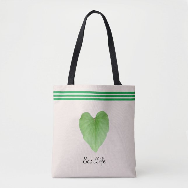 Grönt Heart Shape Löv på Beige Tote Bag Tygkasse (Framsida)