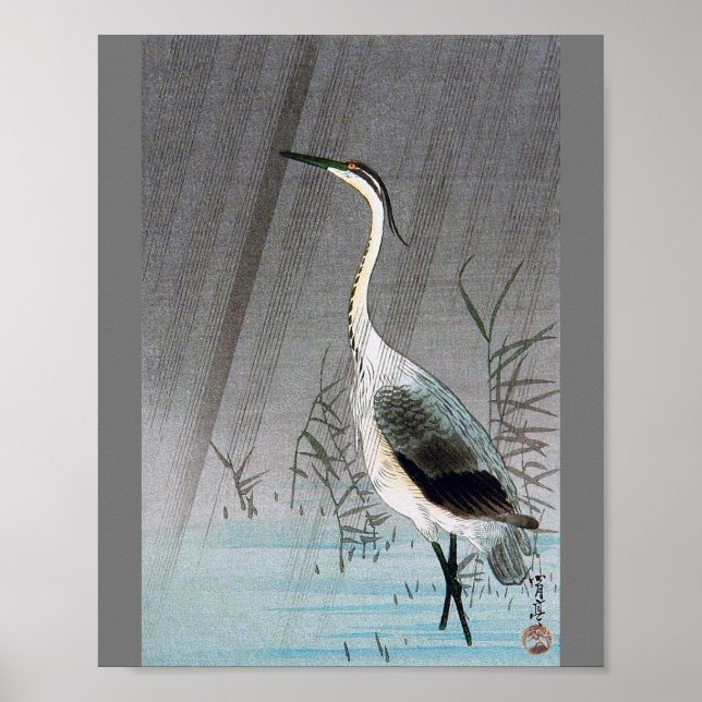 Grönt Heron i Rain, Watanabe Seitei Poster (Framsidan)