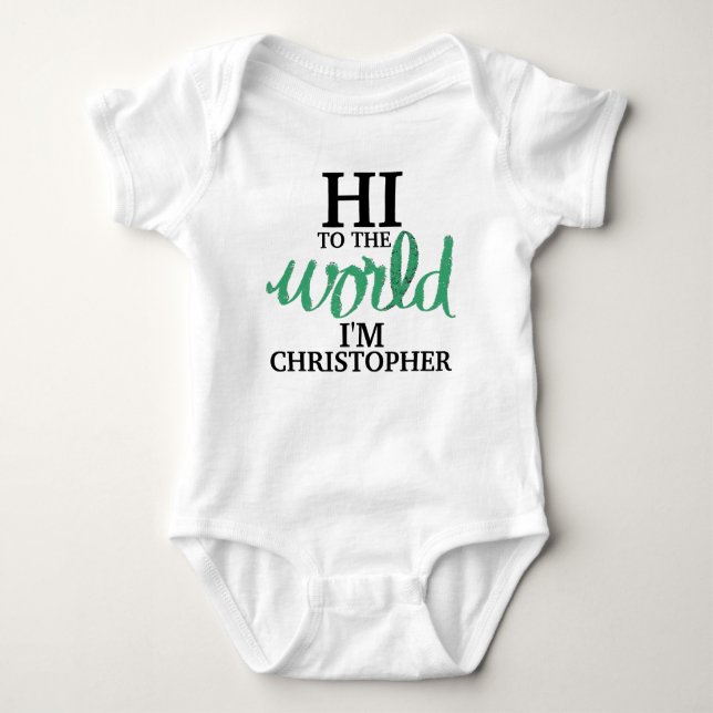 Grönt Hi till Baby NAMN i världen T Shirt (Framsida)