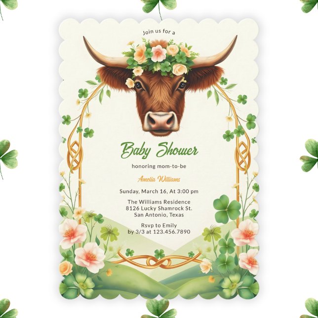 Grönt Highland Cow St patricks day Baby Shower Inbjudningar (Green Highland Cow St. Patrick's Day Baby Shower Invitation)