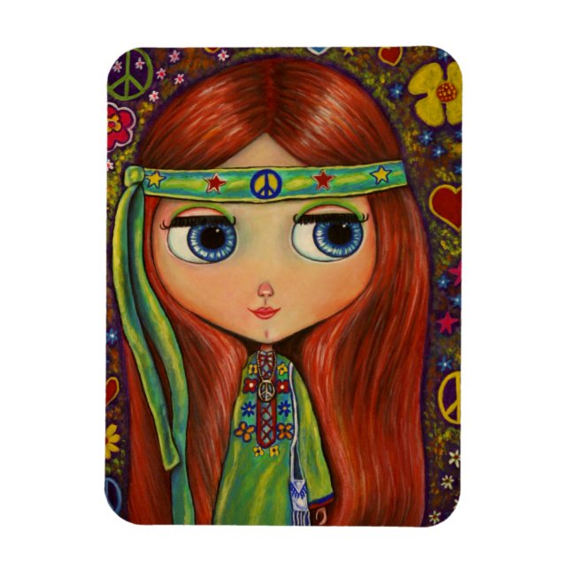 Grönt Hippie Girl Doll Flower Power Peace Magnet (Vertikal)