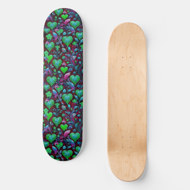 Grönt Hjärt och Lila Blommigt Mini Skateboard Bräda 18,5 Cm (Framsida)