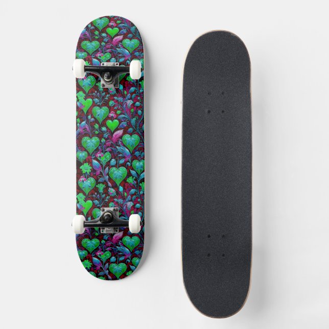 Grönt Hjärt och Lila Blommigt Mini Skateboard Bräda 18,5 Cm (Framsida)