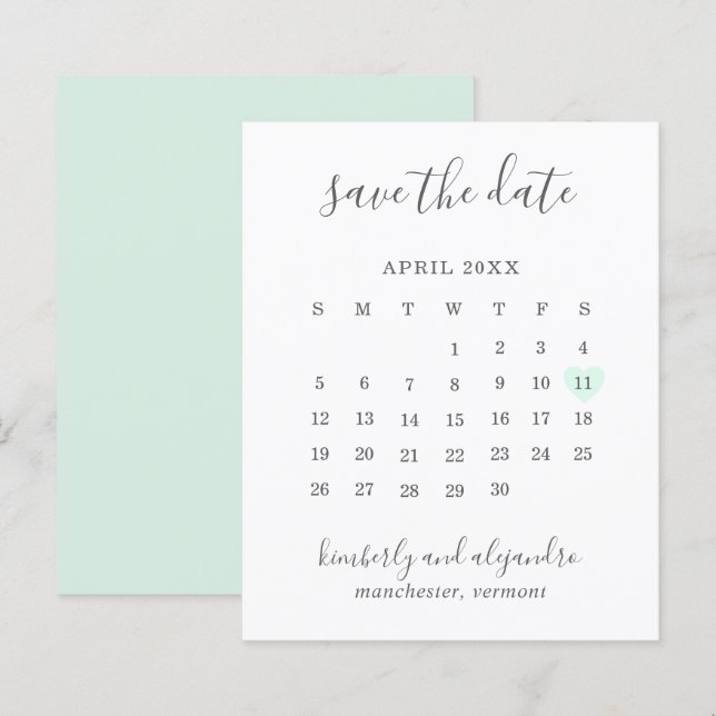 Grönt hjärta kalender budget bröllop spara datum (Fram/baksida)