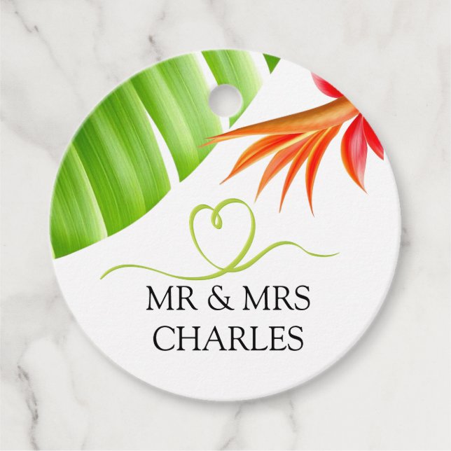 Grönt hjärta och tropiska blad och blommor gåvor etiketter (Framsida)