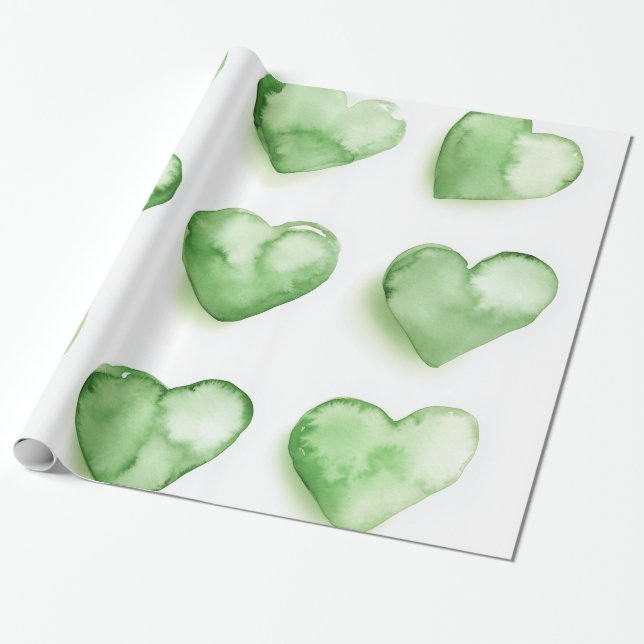 Grönt Hjärtar Watercolor Digital Art Presentpapper (Utrullad)