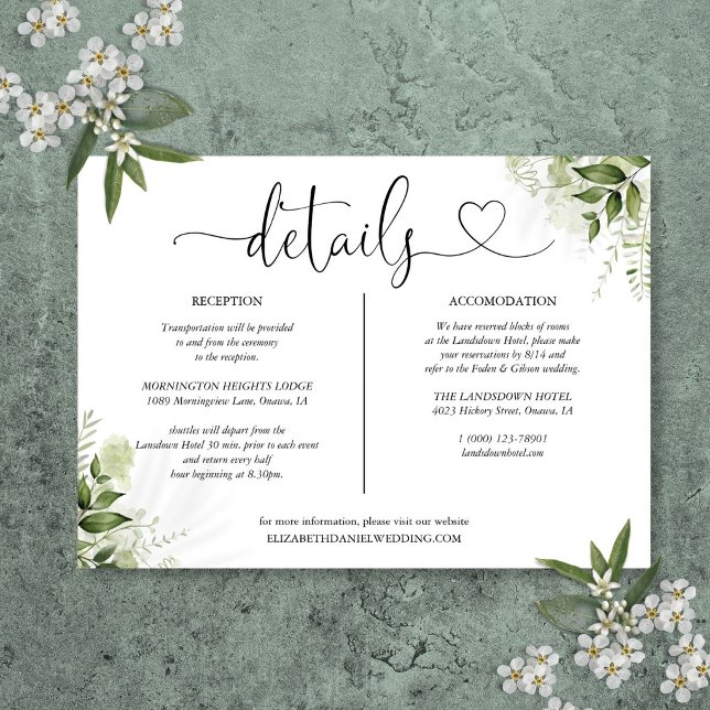 Grönt Hjärtmanus Bröllopsdetaljkort Inbjudningar (Greenery Heart Script Wedding Details Card)