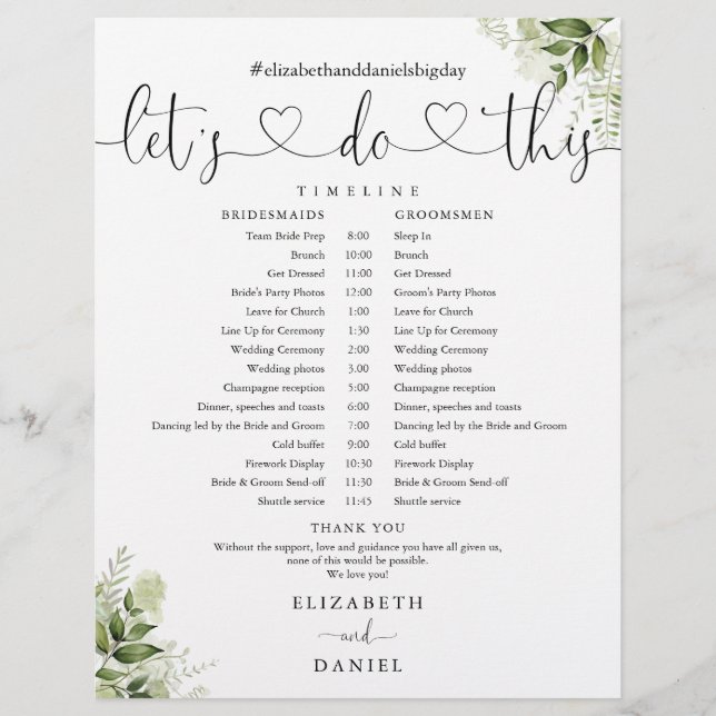Grönt Hjärtmanus Bröllopsschema Tidslinje (Framsida)