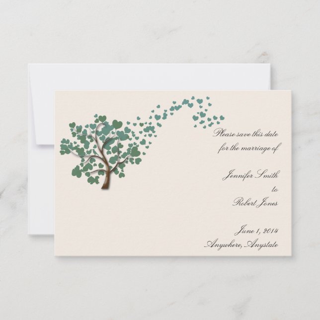 Grönt hjärtträd på elfenbensfärgad Save the Date Inbjudningar (Framsida)