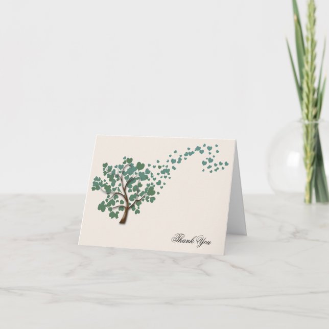 Grönt hjärtträd på elfenbensvit bröllop tack (Framsida)