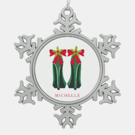 Grönt Högklackar med julklappar Snöflinga Pewter Julgransprydnad