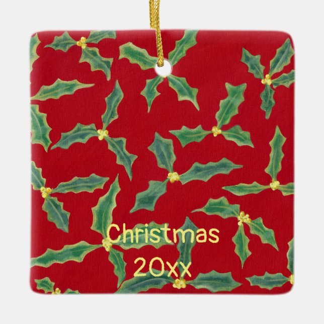 Grönt Holly Gula blommor julår Ornament (Framsida)