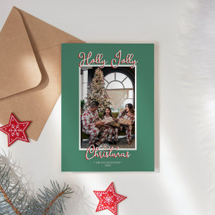 Grönt Holly Jolly-julfamiljfoto Julkort