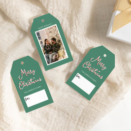 Grönt Holly Jolly-julfoto och Namn-familjen Presentetikett