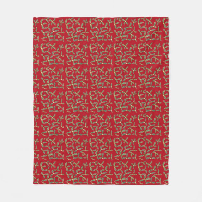 Grönt Holly Löv Gula blommor Red Blankets Fleecefilt (Framsidan)