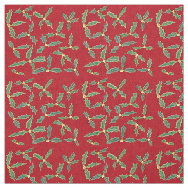 Grönt Holly Löv med Gula blommor Red Fabric Tyg (Provkarta)
