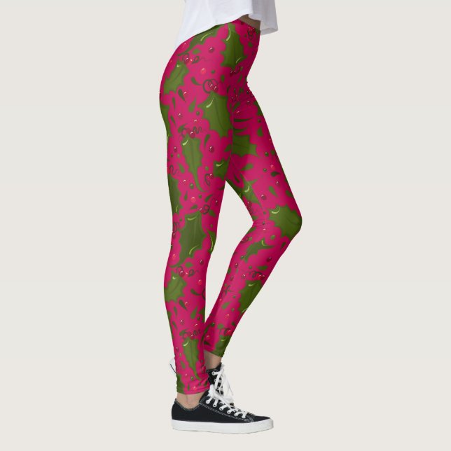 Grönt Holly Löv och Berries på Rosa Leggings (Höger)