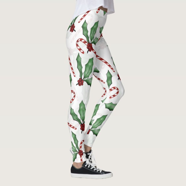 Grönt Holly Löv Red Berries Candy cane Paint Leggings (Höger)