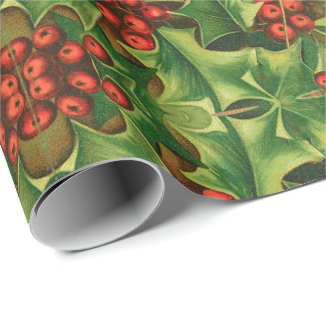 Grönt Holly Lövs Red Berries Vintage jul Presentpapper (Rullad Hörn)