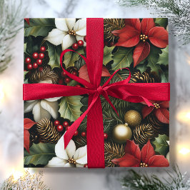Grönt Holly Lövs Red Poinsettia Blommjulen Presentpapper