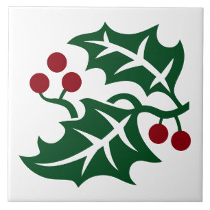 Grönt Holly och Red Berries juldesign Kakelplatta