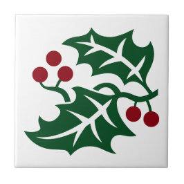 Grönt Holly och Red Berries juldesign Kakelplatta