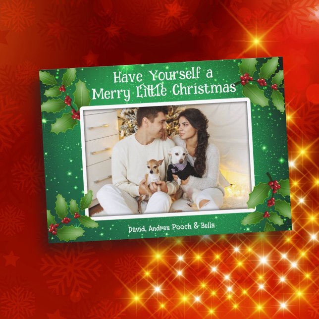 Grönt Holly Photo Merry Little julards Inbjudningar (Skapare uppladdad)