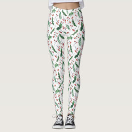 Grönt Holly Red Berries Helgdag Mönster Leggings