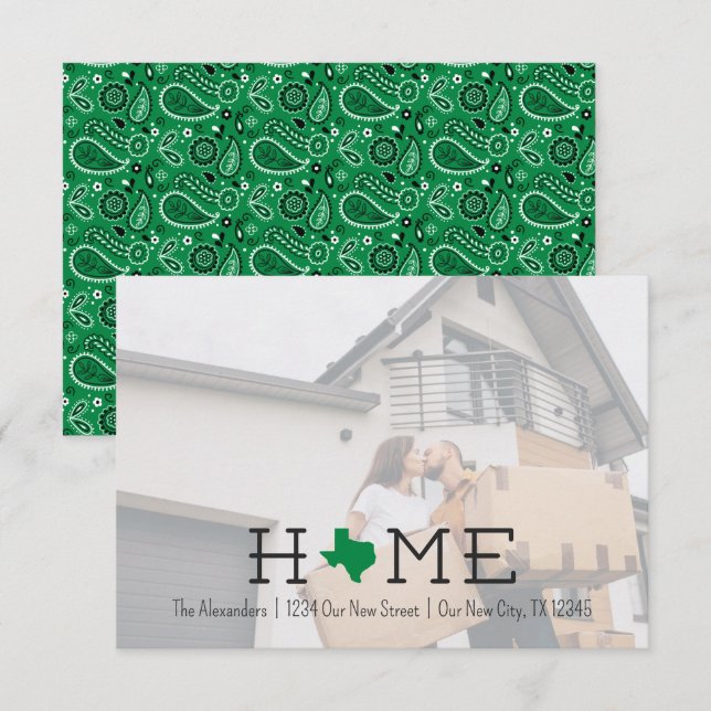 Grönt HOME Texas Flytta Announcement (Fram/baksida)