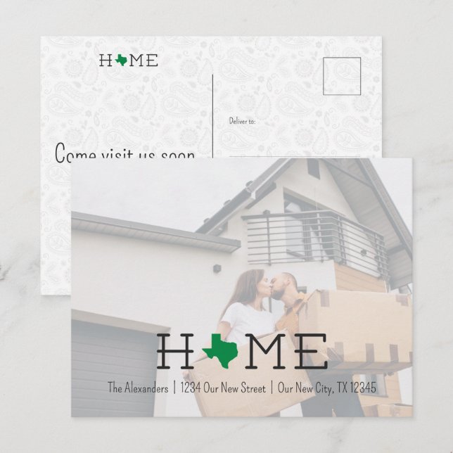 Grönt HOME Texas Flytta Announement Postcard Vykort (Fram/baksida)