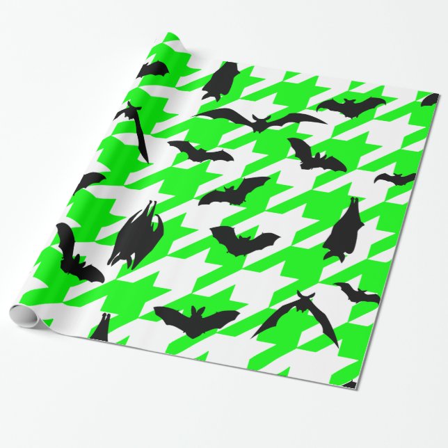 grönt Houndstooth halloween Black fladdermus Presentpapper (Utrullad)