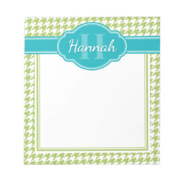 Grönt Houndstooth Mönster Teal Monogram Anteckningsblock