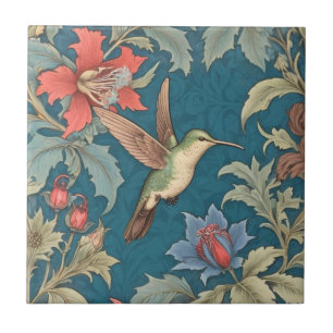 Grönt Hummingbird Bird William Morris stil höger Kakelplatta