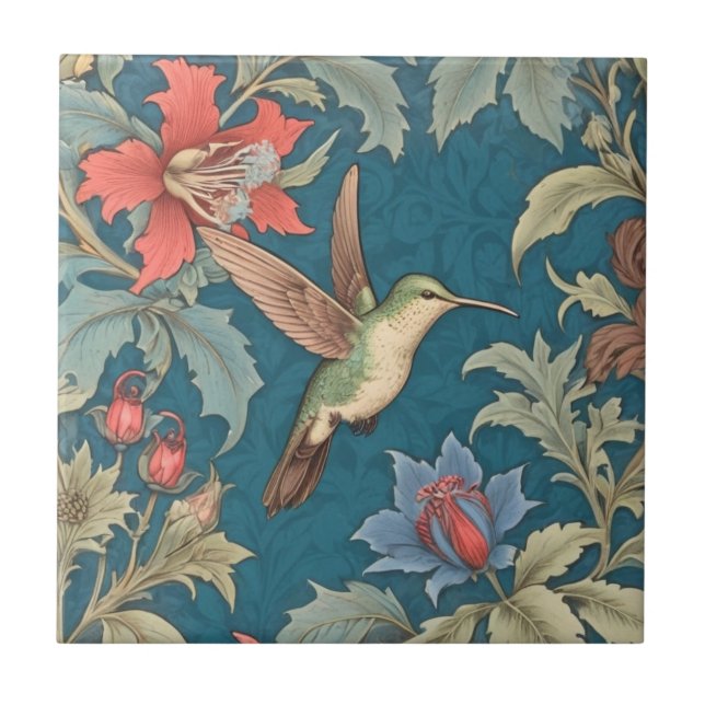 Grönt Hummingbird Bird William Morris stil höger Kakelplatta (Framsidan)