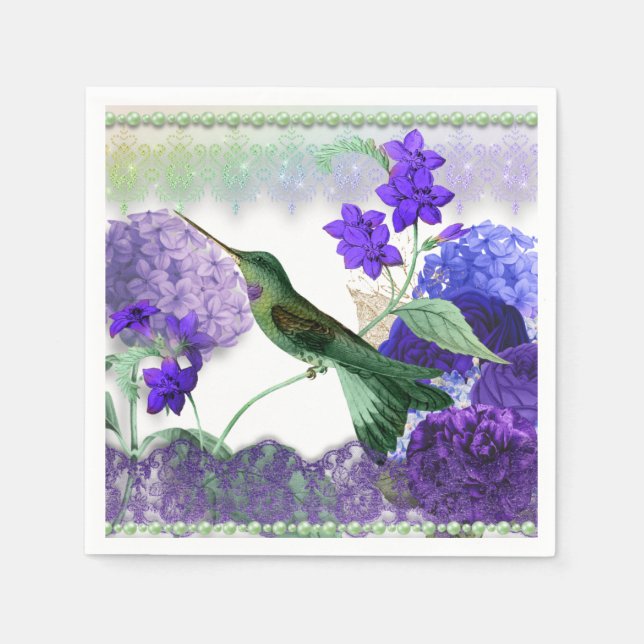 Grönt Hummingbird med blommor, snöre, pärlor Pappersservett (Framsidan)