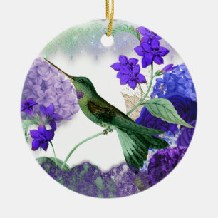 Grönt Hummingbird, Serenity Prayer, lila blommigt Julgransprydnad Keramik
