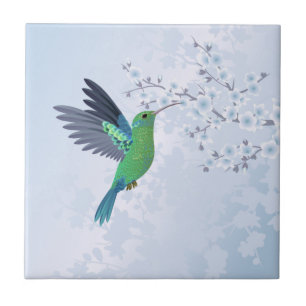Grönt Hummingbird with Blue Cherry Blommar Kakelplatta