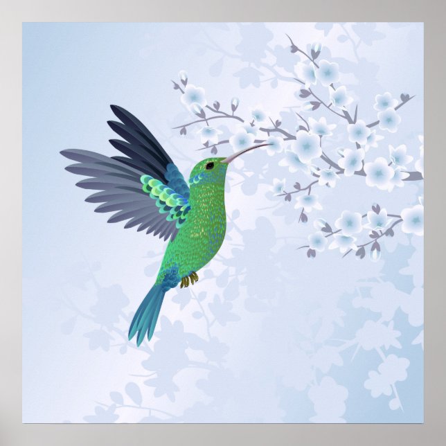 Grönt Hummingbird with Blue Cherry Blommar Poster (Framsidan)