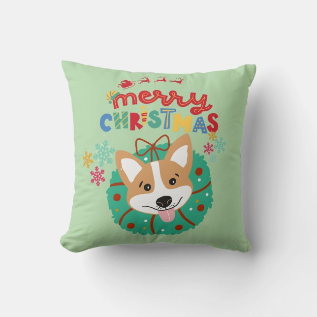 Grönt Husky-temed God jul dekorativ kudde (Framsida)