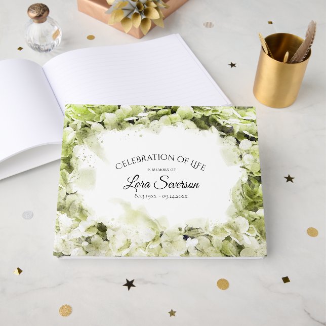 Grönt Hydrangea Firande of Life Memorial Gästböcker (Framsida Öppen)