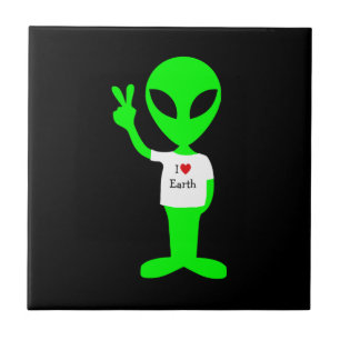 Grönt "I Kärlek Earth" Alien Kakelplatta