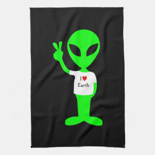 Grönt "I Kärlek Earth" Alien Kökshandduk