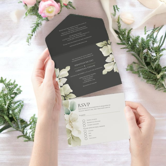 GRÖNT i PERSONLIGEN BRÖLLOP (Muted Green Foliage Personalized Wedding All In One Invitation from Ricaso. Includes invite & Rsvp)