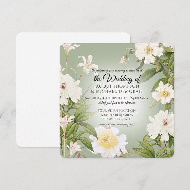 Grönt i Vit ros Peony Botaniska Blommigten Bröllop Inbjudningar (Fram/baksida)