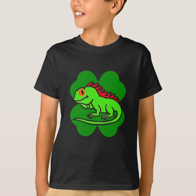 Grönt Iguana med fyrklöver T Shirt (Framsida)