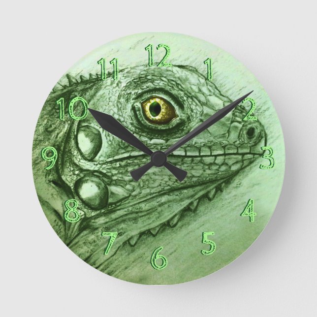 Grönt Iguana Round Clock, Realistiskt Teckning Rund Klocka (Framsida)