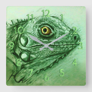 Grönt Iguana Square Clock, Realistiskt Teckning Fyrkantig Klocka